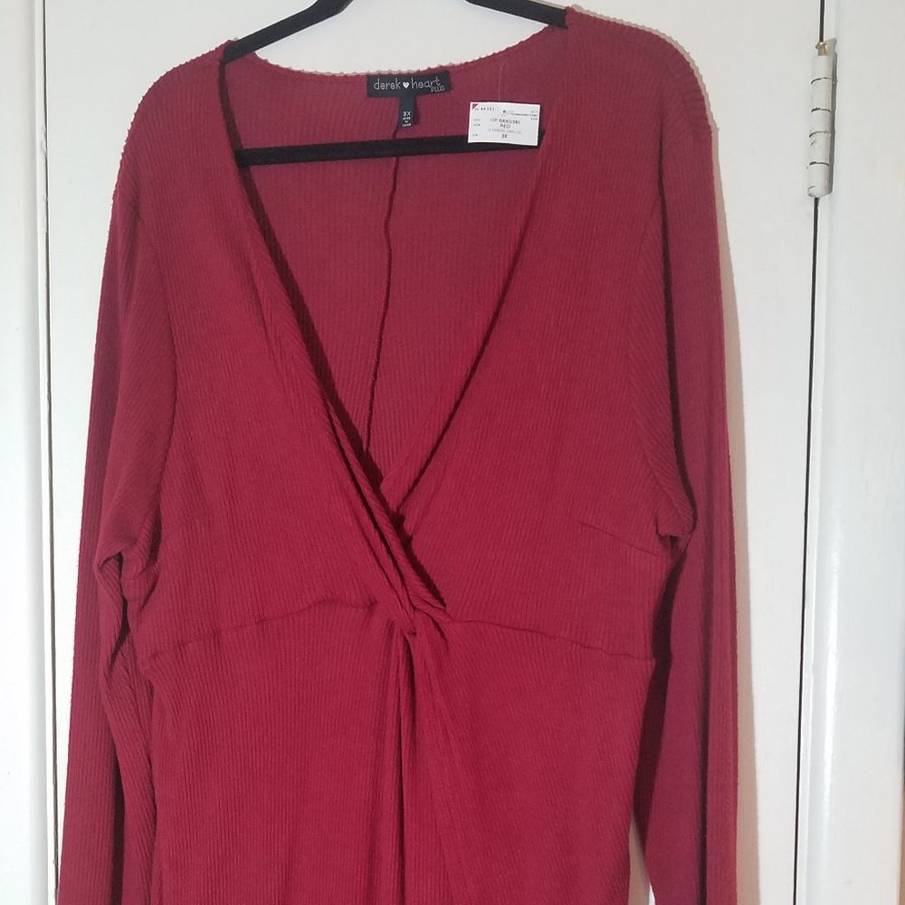 Derek Heart NWT Long Sleeve Sweater Wrap-Look Dress, Size 3X, Maroon Color